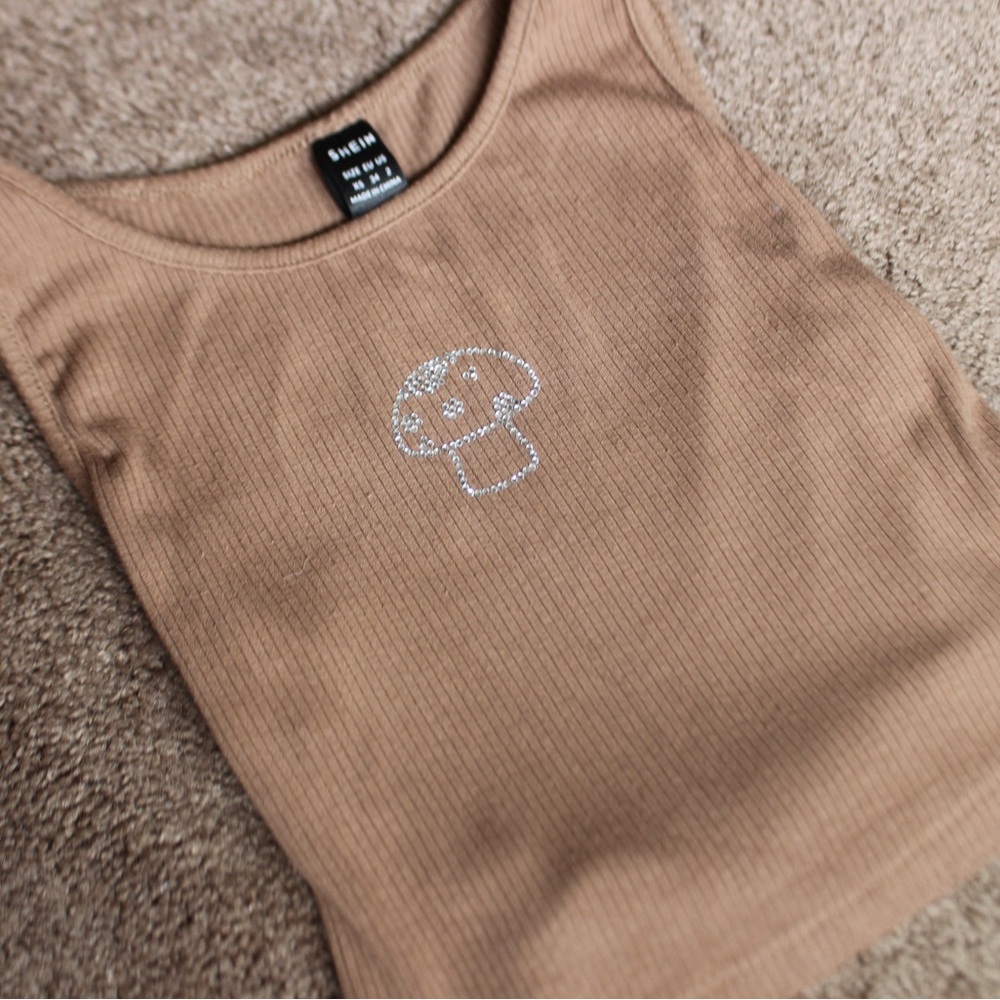 SHEIN Brown Tank Top with Silver Mushroom Design
